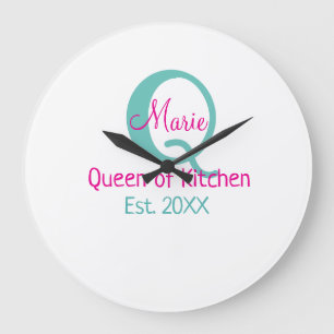 Queen of kitchen monogram green pink simple minima large clock