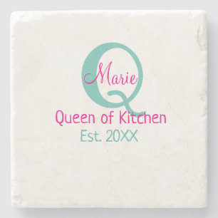 Queen of kitchen monogram green pink simple minima stone coaster