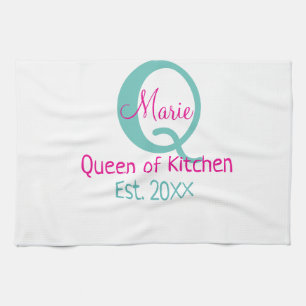 Queen of kitchen monogram green pink simple minima tea towel