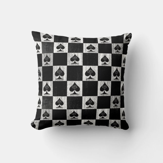 Queen of Spades Throw Pillow White Checkers QoS (Front)