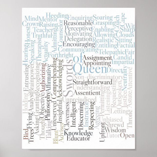 Queen of Swords Rider-Waite Tarot Card Keywords Poster (Front)