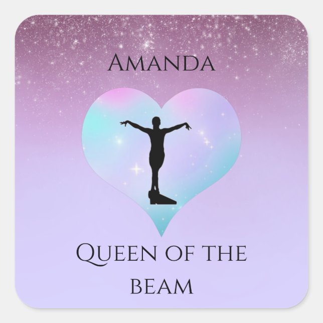 Queen Of The Beam Gymnastics Purple Ombre Glitter Square Sticker (Front)