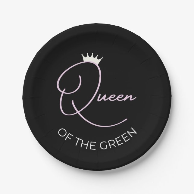 Queen of the Green woman golf themed paper plates (Front)