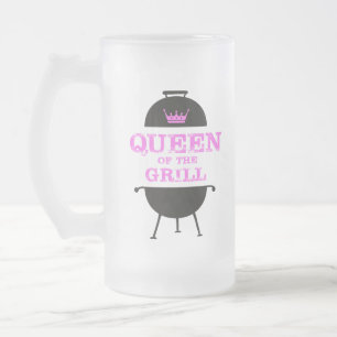 Queen Of The Grill, Pink Crown Pink Frosted Glass Beer Mug
