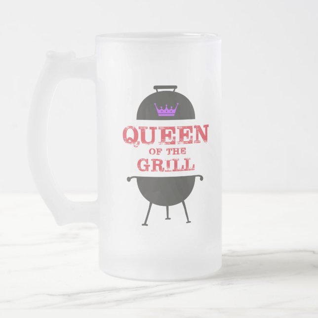 Queen Of The Grill, Purple Crown Red Frosted Glass Beer Mug (Left)