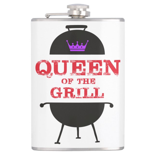 Queen Of The Grill, Purple Crown Red Hip Flask (Front)
