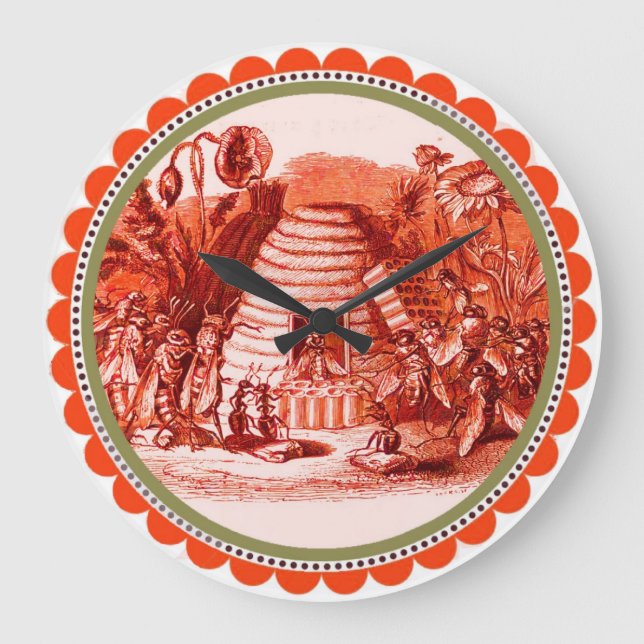 QUEEN OF THE HONEY BEES  IN SKEP / BEEKEEPER ,red Large Clock (Front)