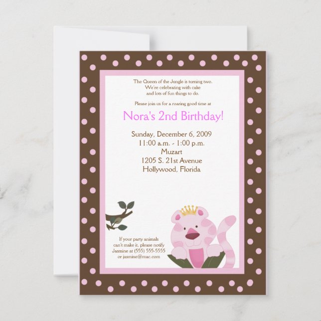 Queen of the Jungle Pink Tiger Birthday Invitation (Front)