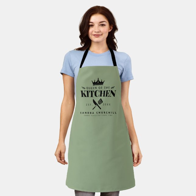 Queen of The Kitchen Lady Chef Personalised Green Apron (Worn)