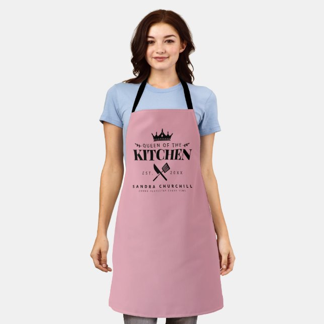 Queen of The Kitchen Lady Chef Personalised Pink Apron (Worn)