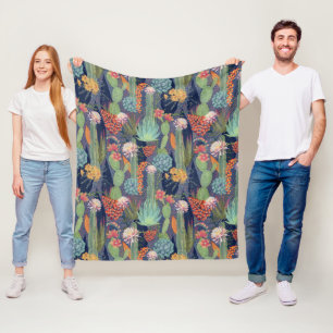 Queen of the Night Cactus and Succulents Fleece Blanket