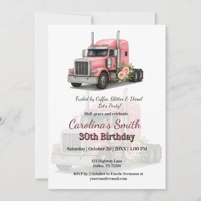 Queen of the Road Birthday Female Truck Driver Invitation (Front)