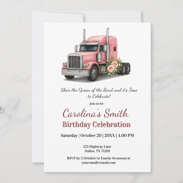 Queen of the Road Birthday Female Truck Driver Invitation (Front)