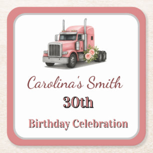 Queen of the Road Birthday Female Truck Driver Square Paper Coaster