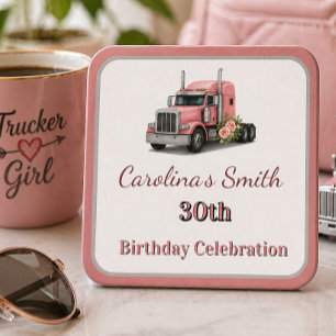 Queen of the Road Birthday Female Truck Driver Square Paper Coaster