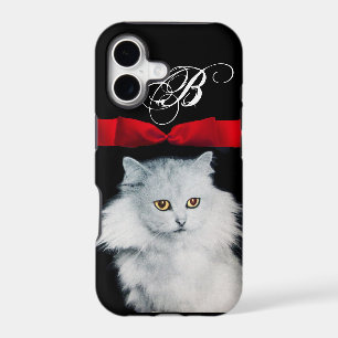 QUEEN OF WHITE CATS WITH RED RIBBON MONOGRAM