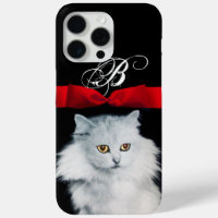 QUEEN OF WHITE CATS WITH RED RIBBON MONOGRAM