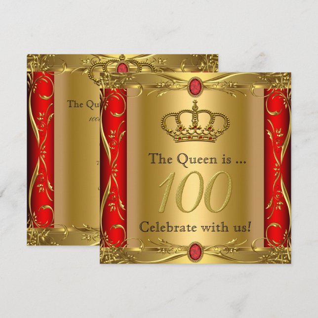Queen or King Regal Red Gold 100th Birthday Party Invitation (Front/Back)