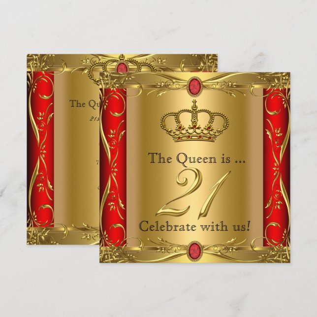Queen or King Regal Red Gold 21st Birthday Party Invitation (Front/Back)