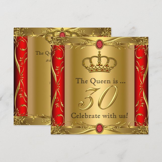 Queen or King Regal Red Gold 30th Birthday Party Invitation (Front/Back)
