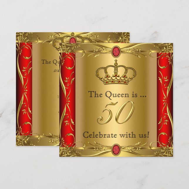 Queen or King Regal Red Gold 50th Birthday Party Invitation (Front/Back)