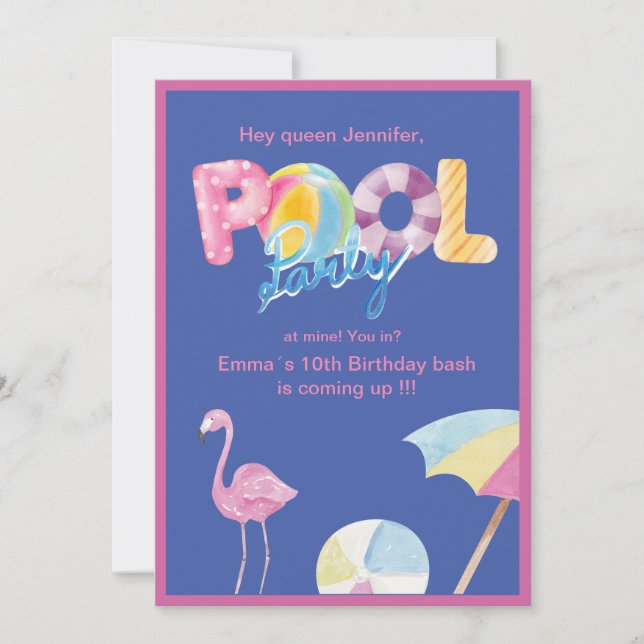 Queen Pool Party Bash: Trendy Pink blue kids teen Invitation (Front)