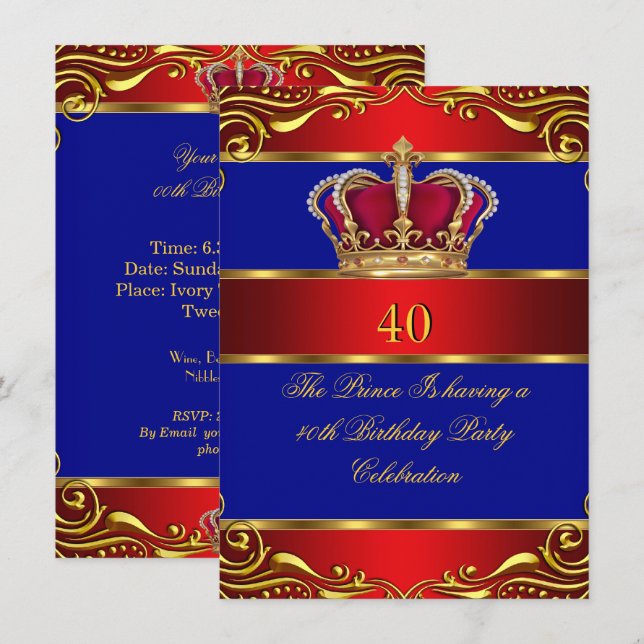 Queen Prince King Regal Red Gold Blue Crown Invitation (Front/Back)