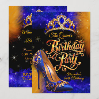 Queen Princess Birthday Party Gold Blue Shoe Invitation