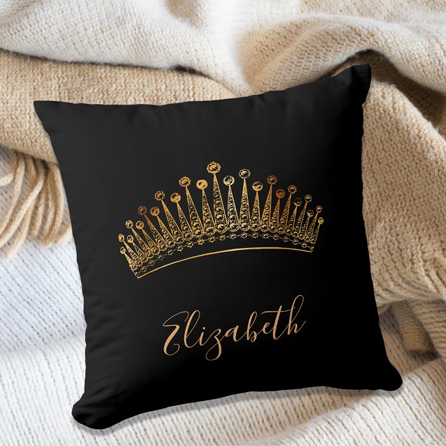 Queen princess tiara crown gold black name cushion (Creator Uploaded)