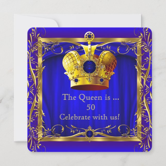 Queen Royal Blue Purple Gold 50th Birthday Party Invitation (Front)