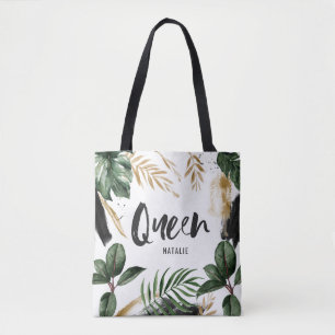 Queen tropical leaf and typography tote bag