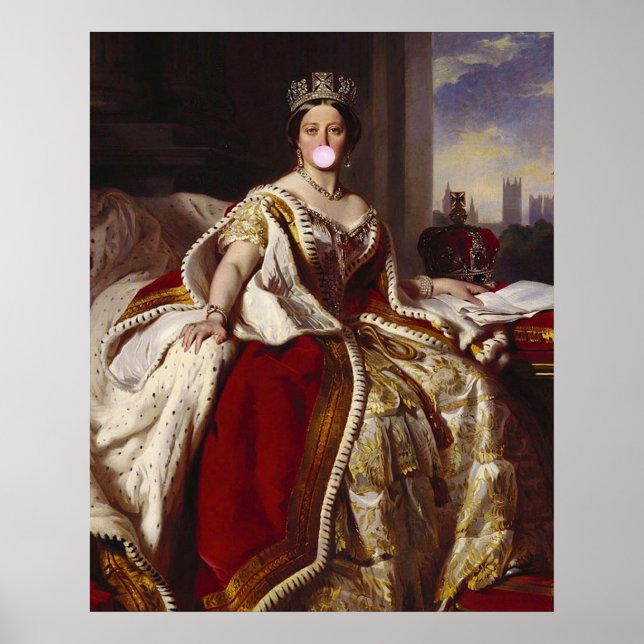 Queen Victoria blowing a pink bubble gum Poster (Front)