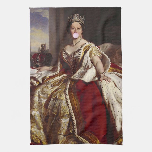 Queen Victoria Blowing Pink Bubble gum Tea Towel (Vertical)