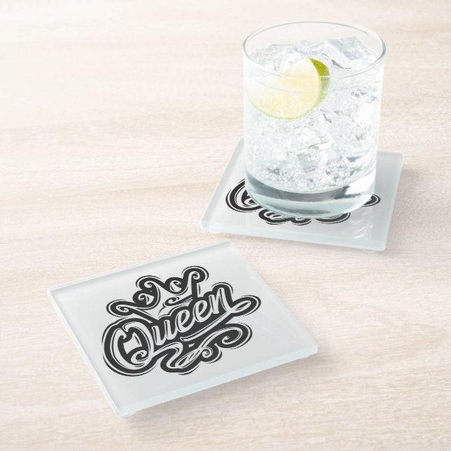 Queen With Crown, Typography Design Glass Coaster (Angled)