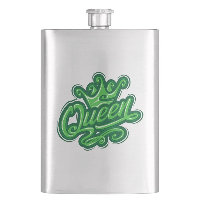 Queen With Crown, Typography Design Hip Flask (Front)