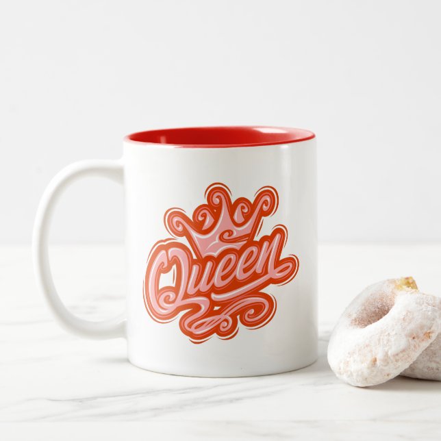 Queen With Crown, Typography Design Two-Tone Coffee Mug (With Donut)