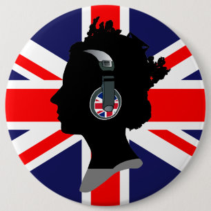 QUEEN WITH HEADPHONES (UK FLAG) Button