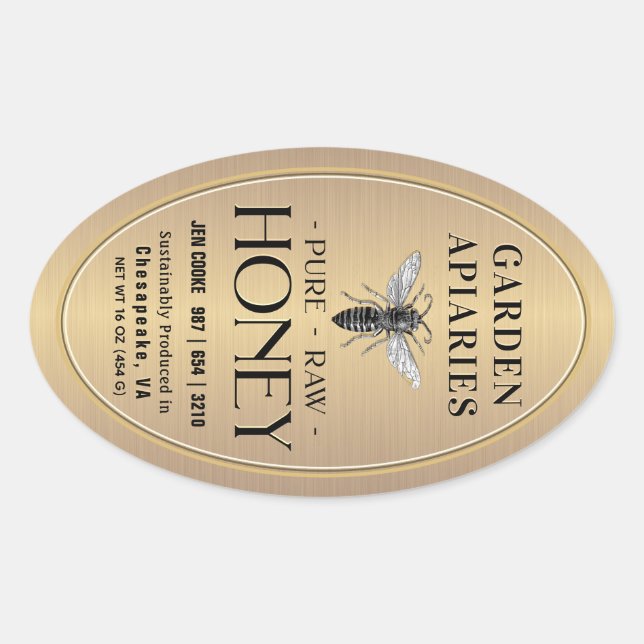 Queenline 16 and 32oz Gold Honey Jar Queen Bee  Oval Sticker (Front)