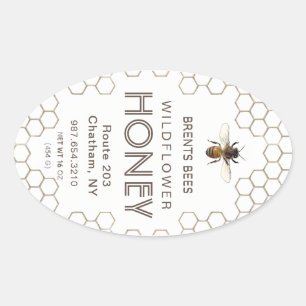 Queenline Honey jar label with bee and honeycomb