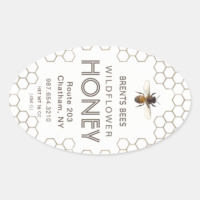 Queenline Honey jar label with bee and honeycomb (Front)