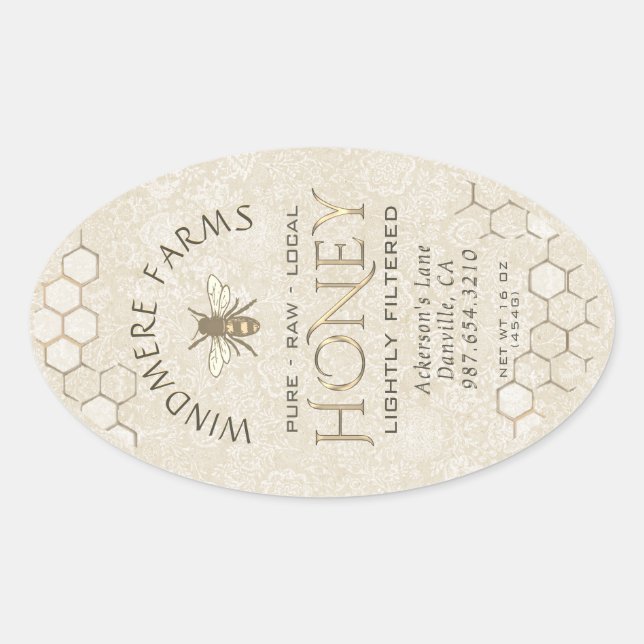 Queenline Honey Label 16/32oz Honeycomb Bee Gold (Front)