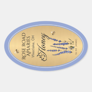 Queenline Oval Honey Gold Border with Bees Flowers Oval Sticker