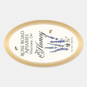 Queenline Oval Honey Gold Border with Bees Flowers Oval Sticker