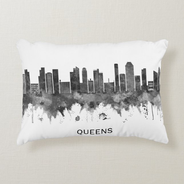 Queens New York Skyline BW Decorative Cushion (Front)