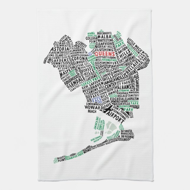 Queens, New York Typography Map Tea Towel (Vertical)