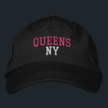 QUEENS NY Simple Hot Pink and White on Black Embroidered Hat<br><div class="desc">Pretty QUEENS NY Hot Pink and White embroidered on Black cotton hat. Embroidery is customisable to other colour choices by selecting the "Edit Design" tool button. Also available is the option to select choice of hat colour on the main item page.</div>