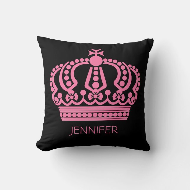 Queen's Pink Crown On Black Name Personalised Cushion (Front)