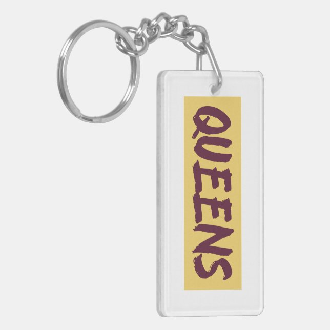 Queens Text Base Design on Yellow Background Key Ring (Front Left)