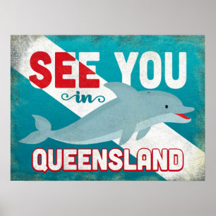 Queensland Dolphin - Retro Vintage Travel Poster