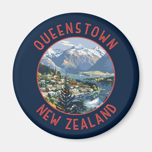 Queenstown New Zealand Retro Distressed Circle Magnet (Front)